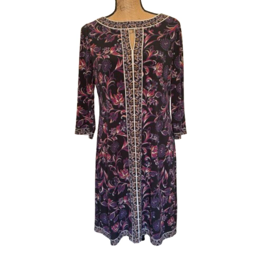 Wisp Marnie Knit Shift Dress Black Purple Floral Stitch Fix Keyhole US Size‎ 8